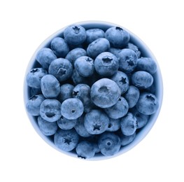 Tasty fresh ripe blueberries in bowl on white background, top view