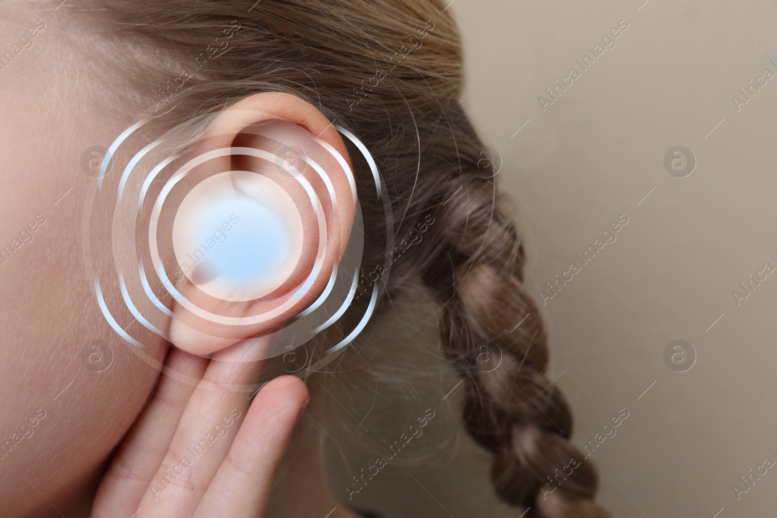 Image of Hearing loss concept. Little girl and sound waves illustration on beige background, closeup