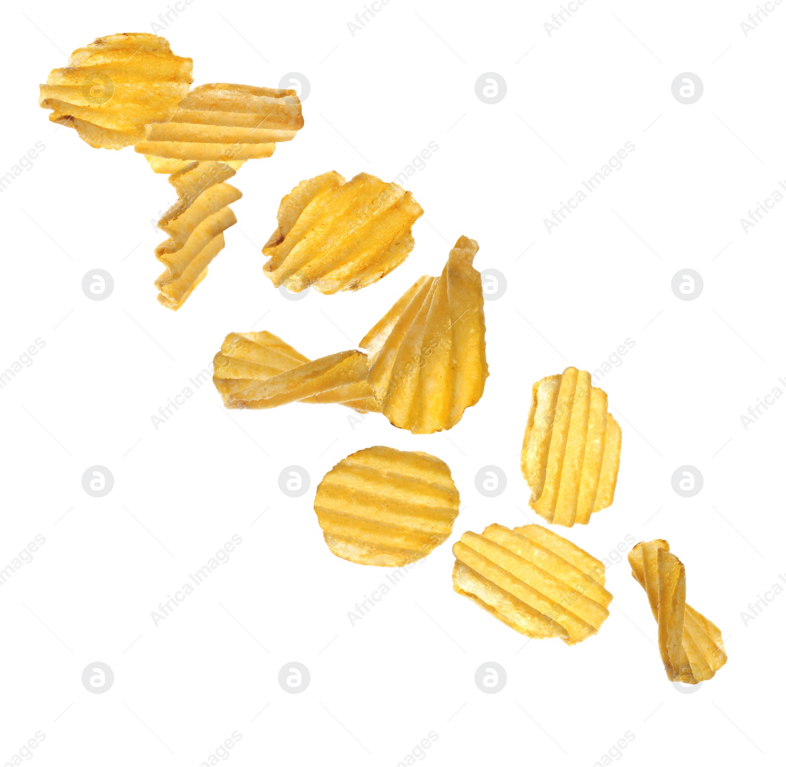 Image of Ridged crispy potato chips flying on white background