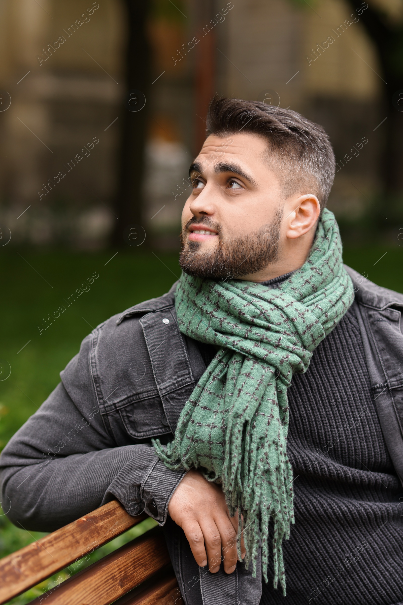 Photo of Smiling man in warm scarf on bench outdoors