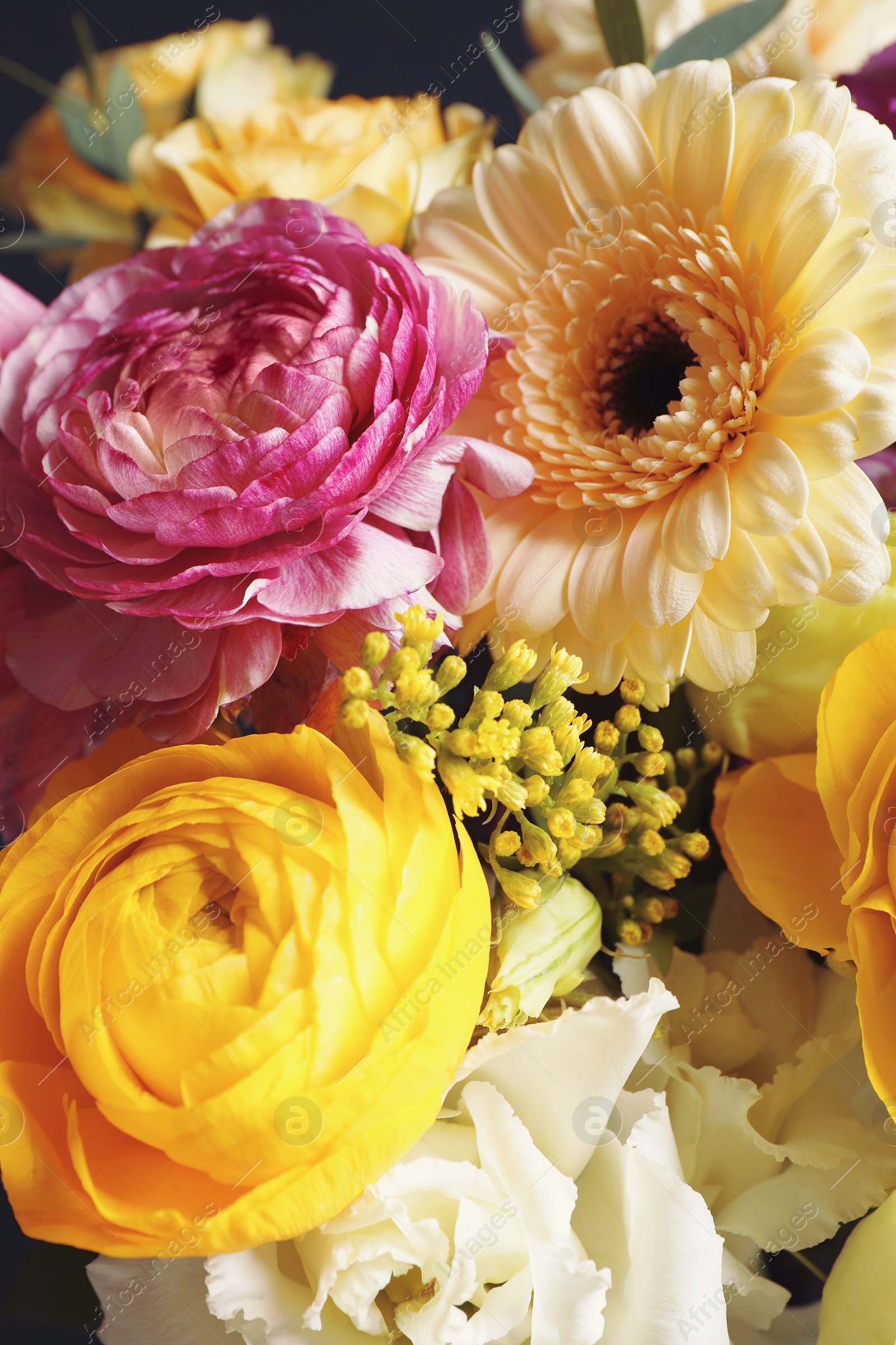 Photo of Beautiful fresh bouquet as background, closeup. Floral decor