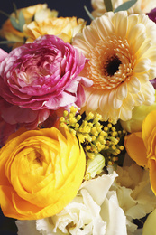 Photo of Beautiful fresh bouquet as background, closeup. Floral decor