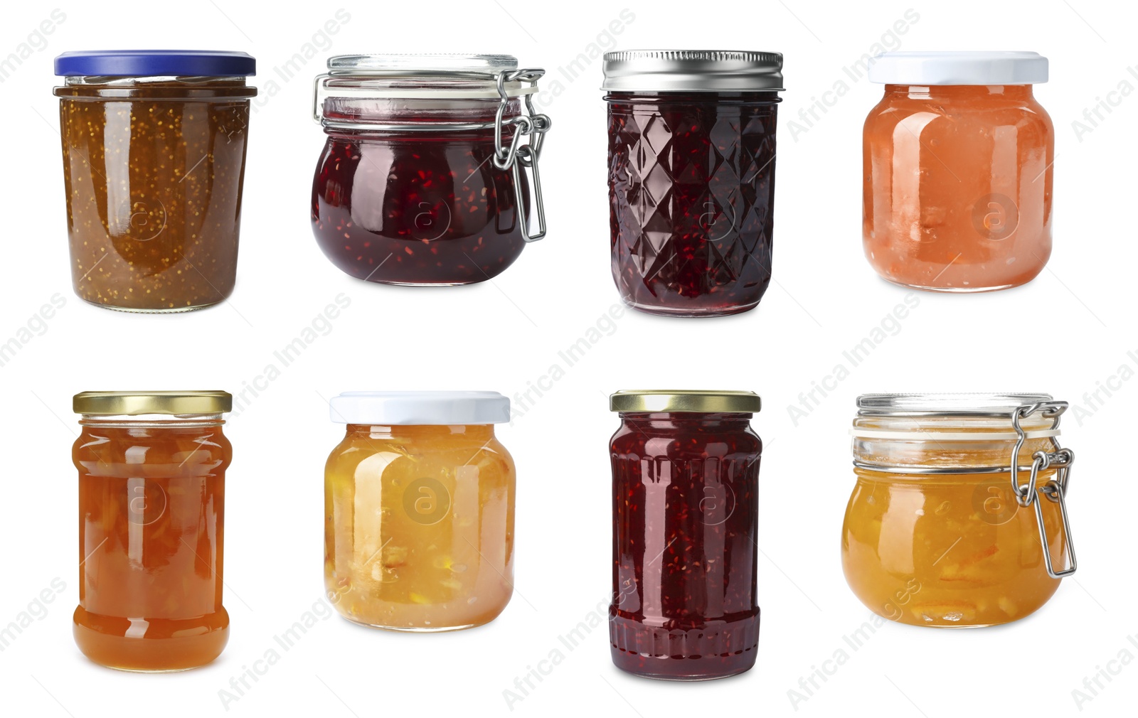 Image of Set of jars with delicious jams on white background