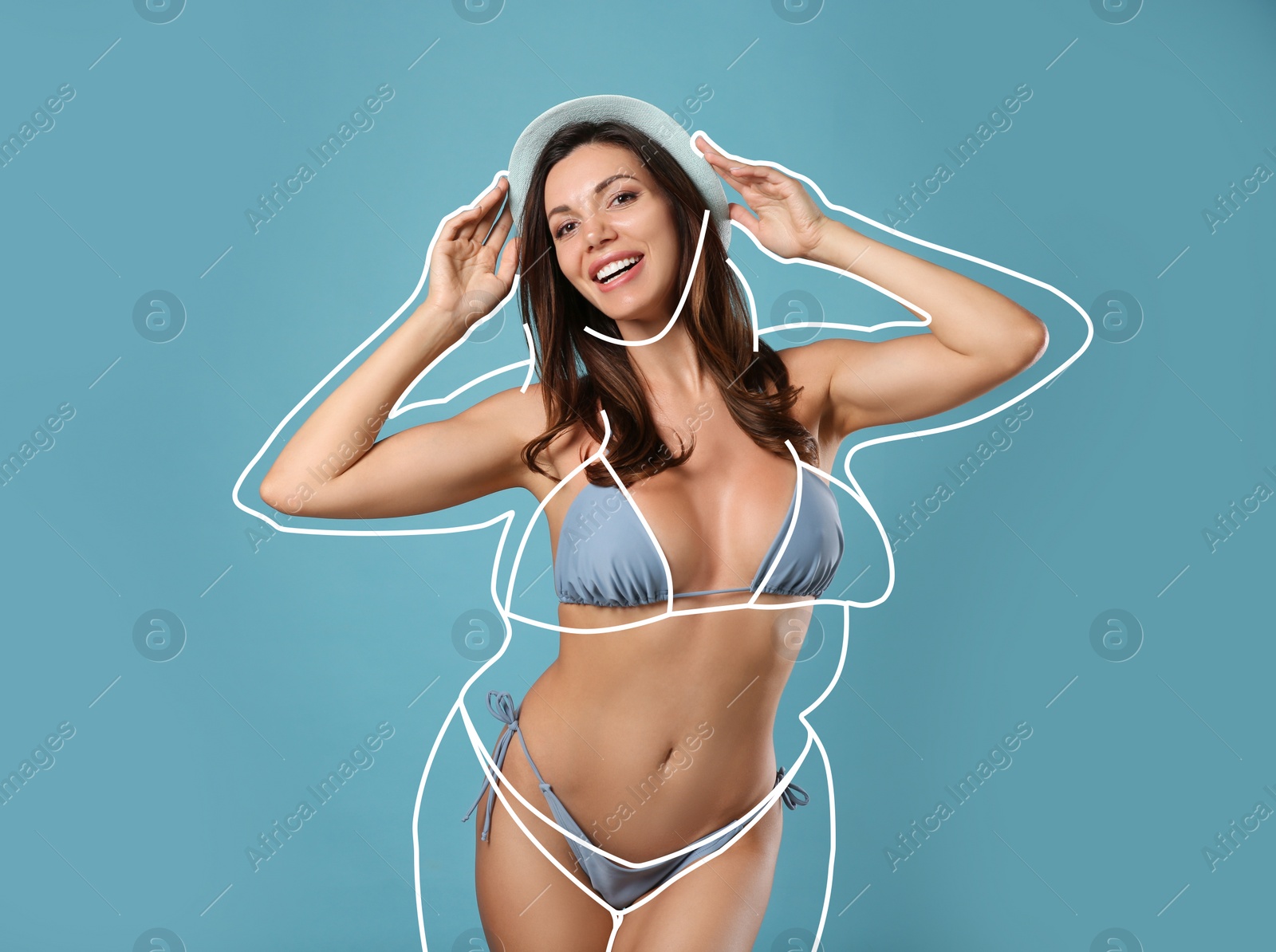 Image of Beautiful slim woman after weight loss on light blue background 