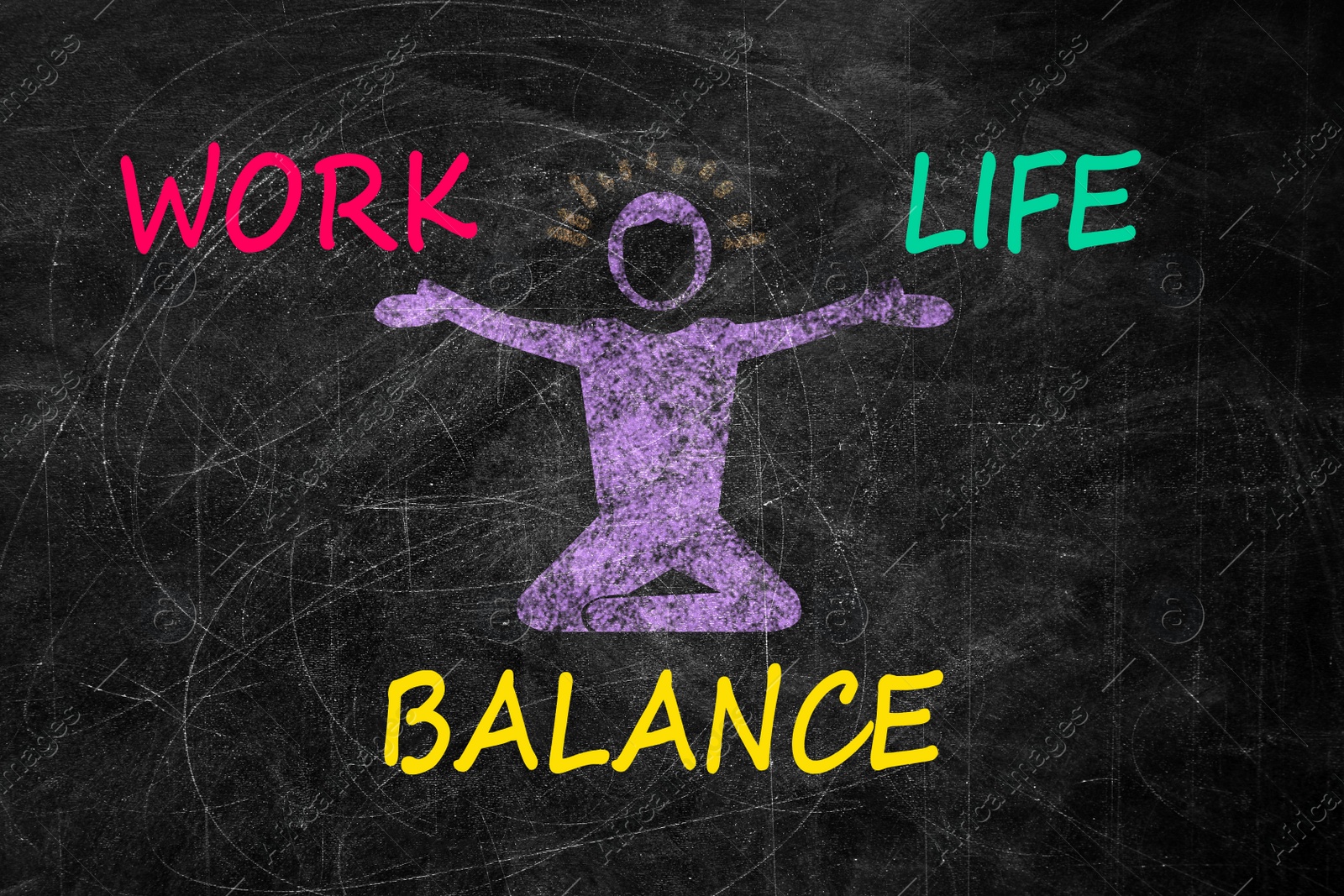 Image of Work-life balance concept. Drawing of happy human figure between words on chalkboard