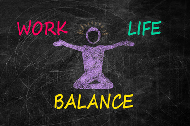 Image of Work-life balance concept. Drawing of happy human figure between words on chalkboard