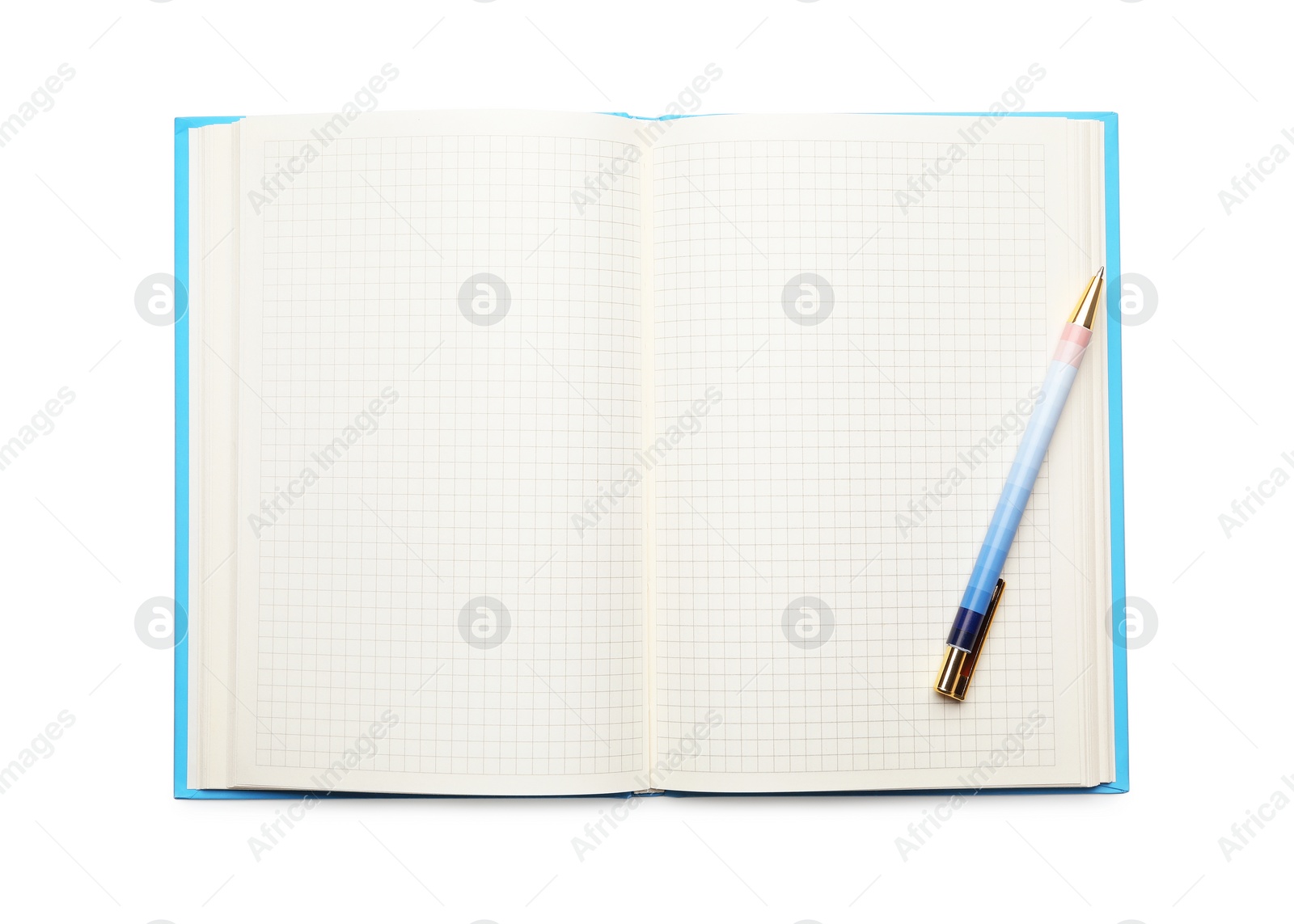 Photo of Open empty notebook and pen isolated on white, top view