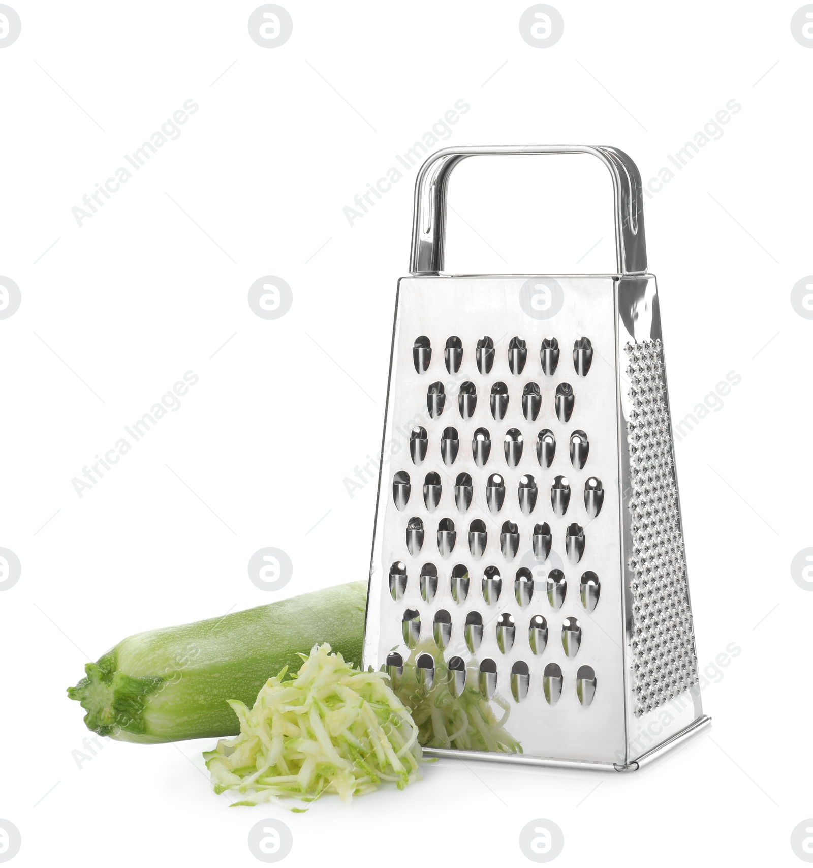 Photo of Stainless steel grater and fresh squash on white background