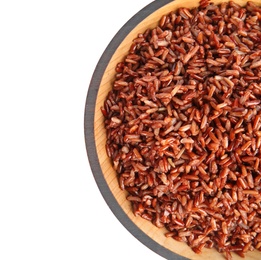 Bowl with delicious cooked brown rice on white background, top view