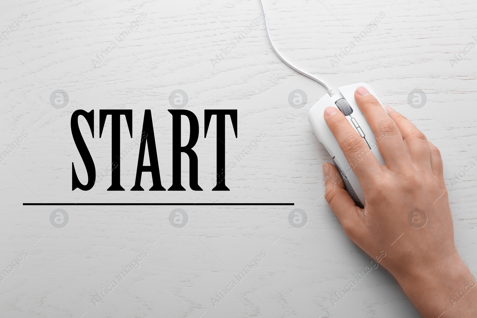 Image of Woman with computer mouse and word START on wooden background, top view