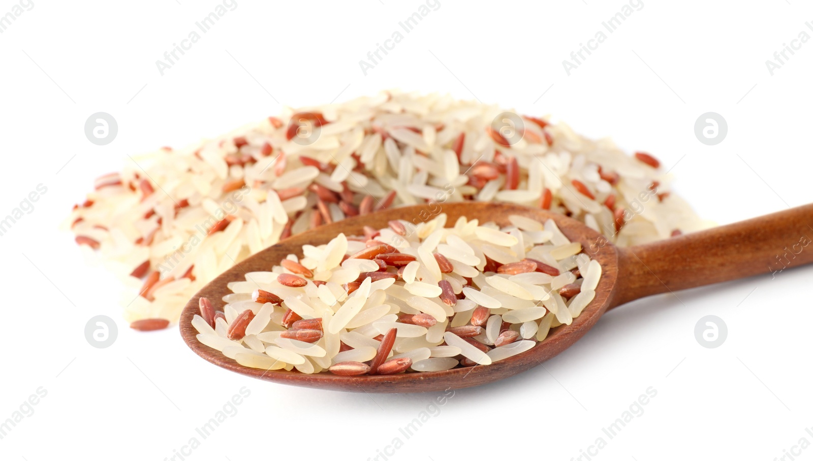 Photo of Mix of brown and polished rice with spoon isolated on white