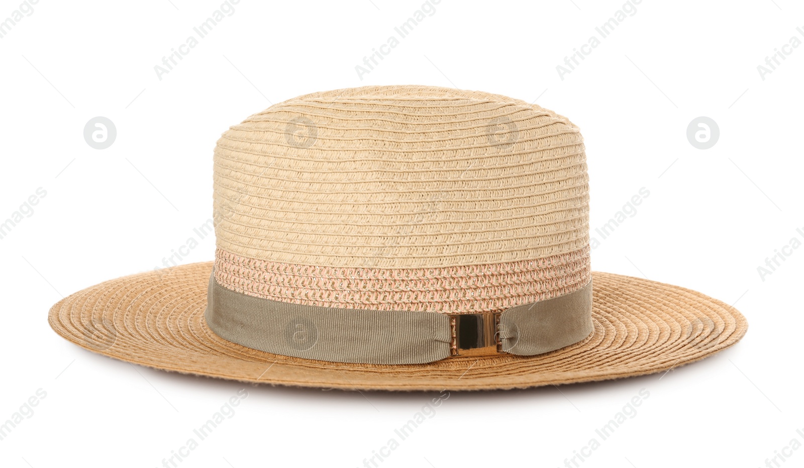 Photo of Stylish straw hat isolated on white. Fashionable accessory