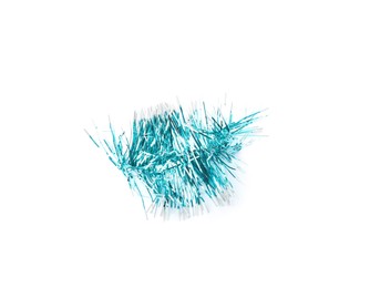 Piece of shiny light blue tinsel isolated on white. Christmas decoration