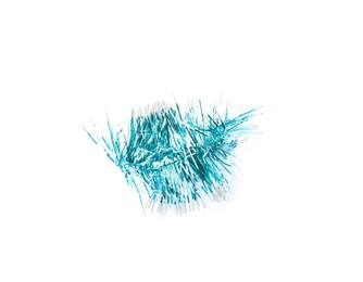 Photo of Piece of shiny light blue tinsel isolated on white. Christmas decoration