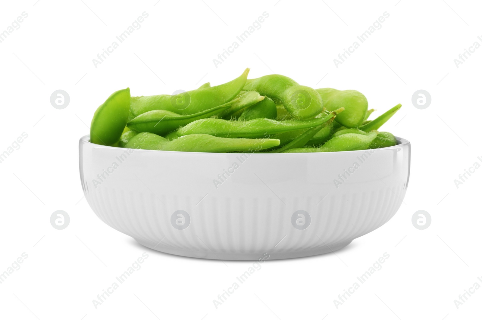 Photo of Bowl with green edamame pods on white background