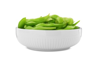 Bowl with green edamame pods on white background