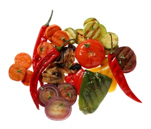 Photo of Different delicious grilled vegetables on white background, top view