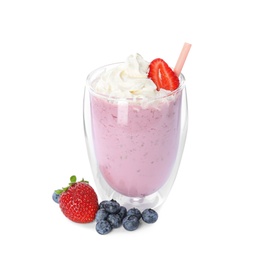 Tasty milk shake with fresh berries on white background