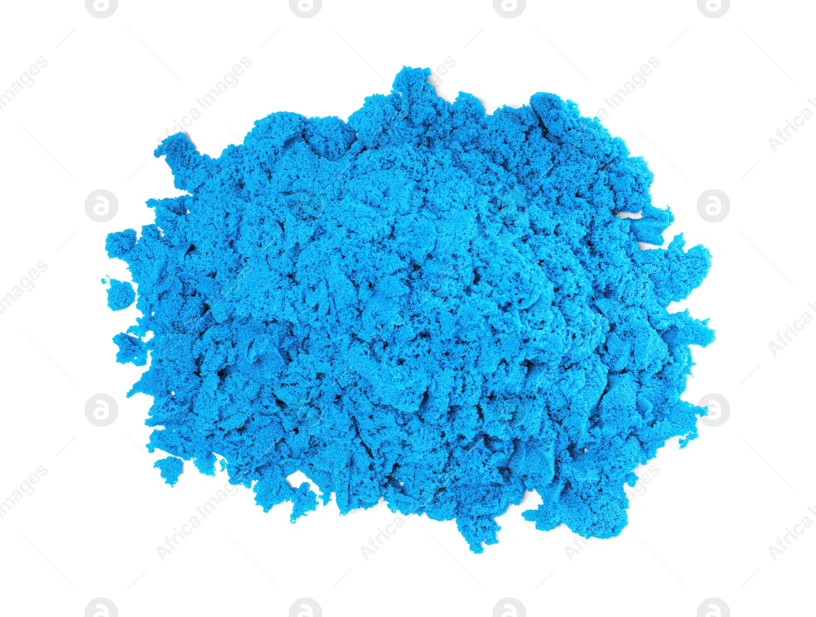 Photo of Pile of blue kinetic sand on white background, top view