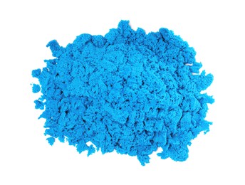 Pile of blue kinetic sand on white background, top view