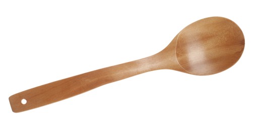 Photo of One empty wooden spoon isolated on white