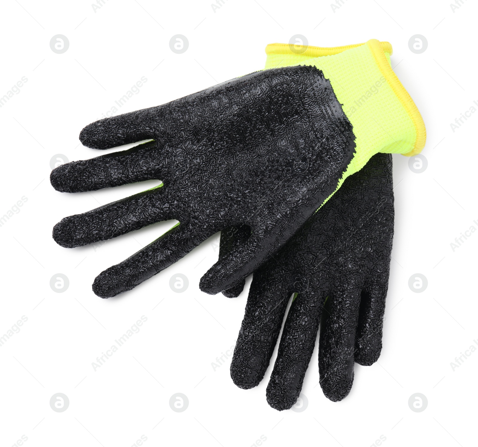 Photo of Pair of color gardening gloves isolated on white, top view