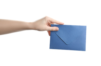 Woman holding blue paper envelope on white background, closeup