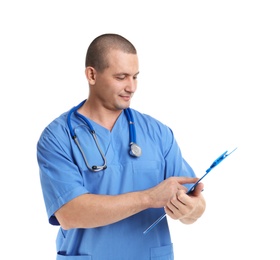 Portrait of medical assistant with stethoscope and clipboard on white background