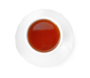 Aromatic tea in cup isolated on white, top view