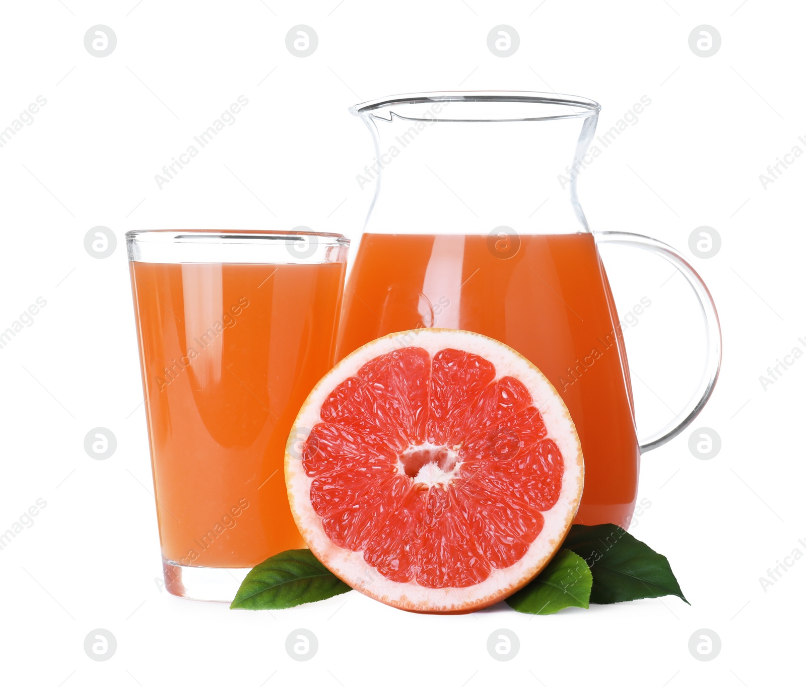 Photo of Tasty freshly made grapefruit juice and fruit on white background