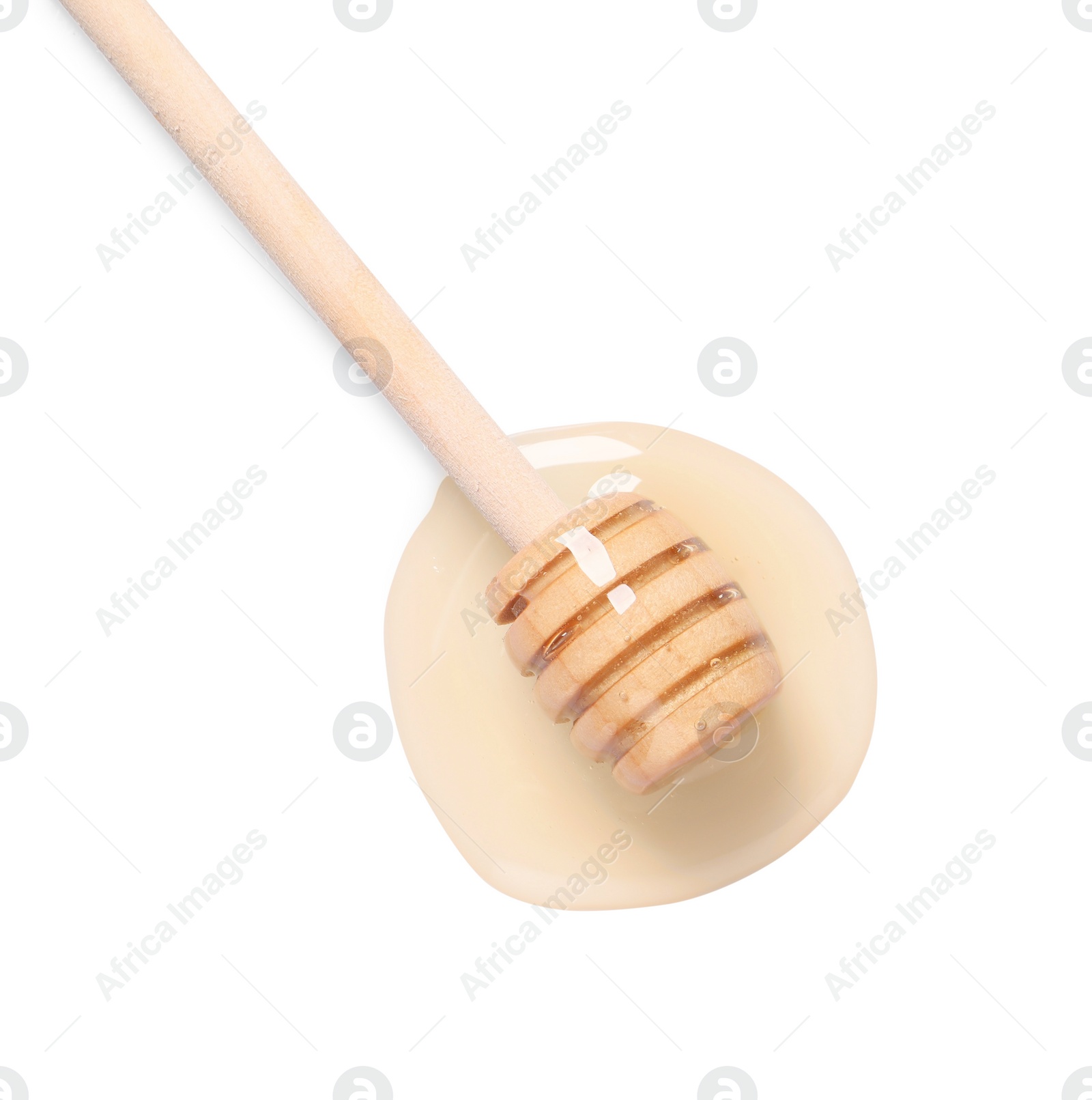 Photo of Tasty natural honey and dipper on white background, top view