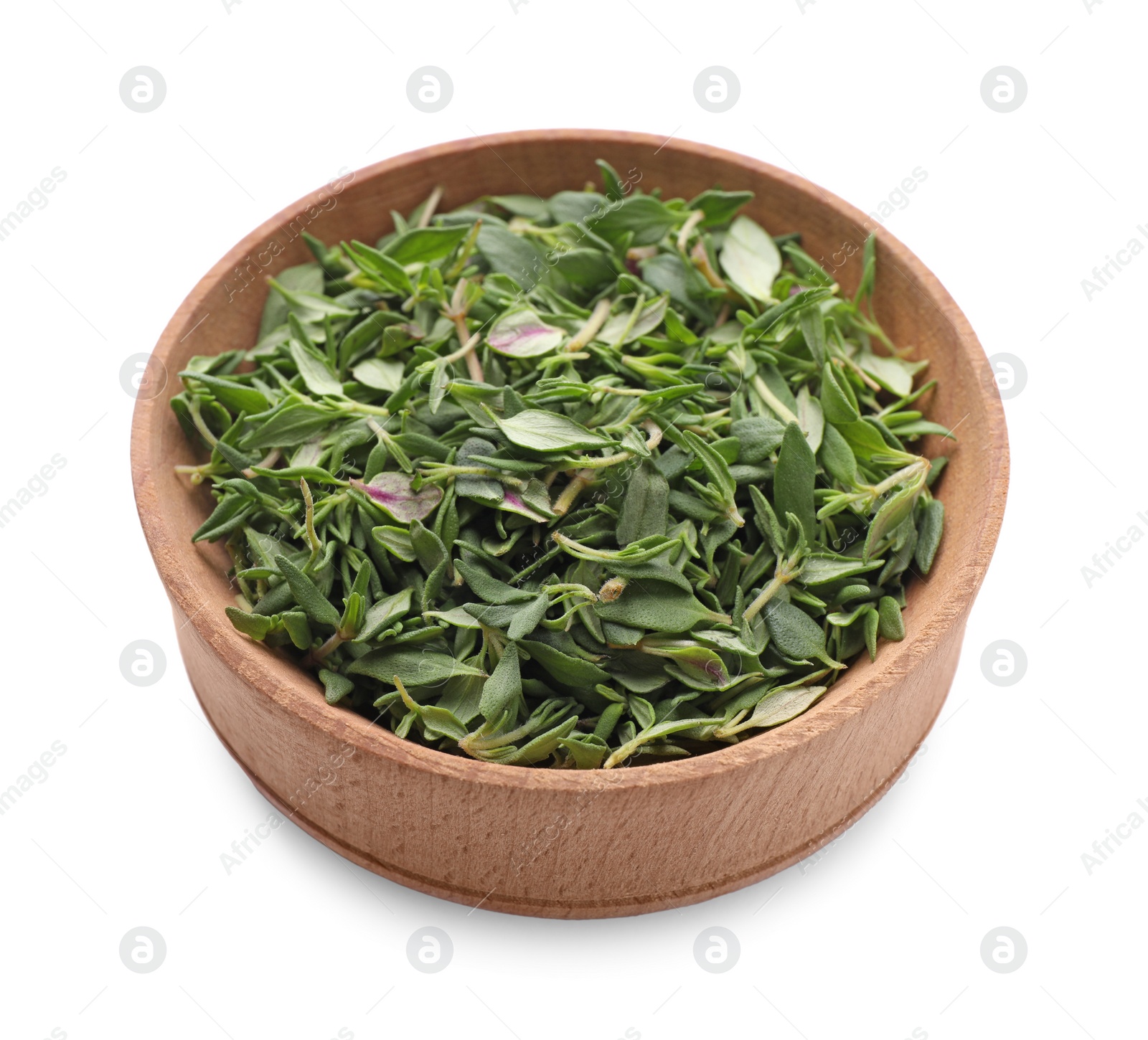 Photo of Wooden bowl of fresh green thyme leaves on white background