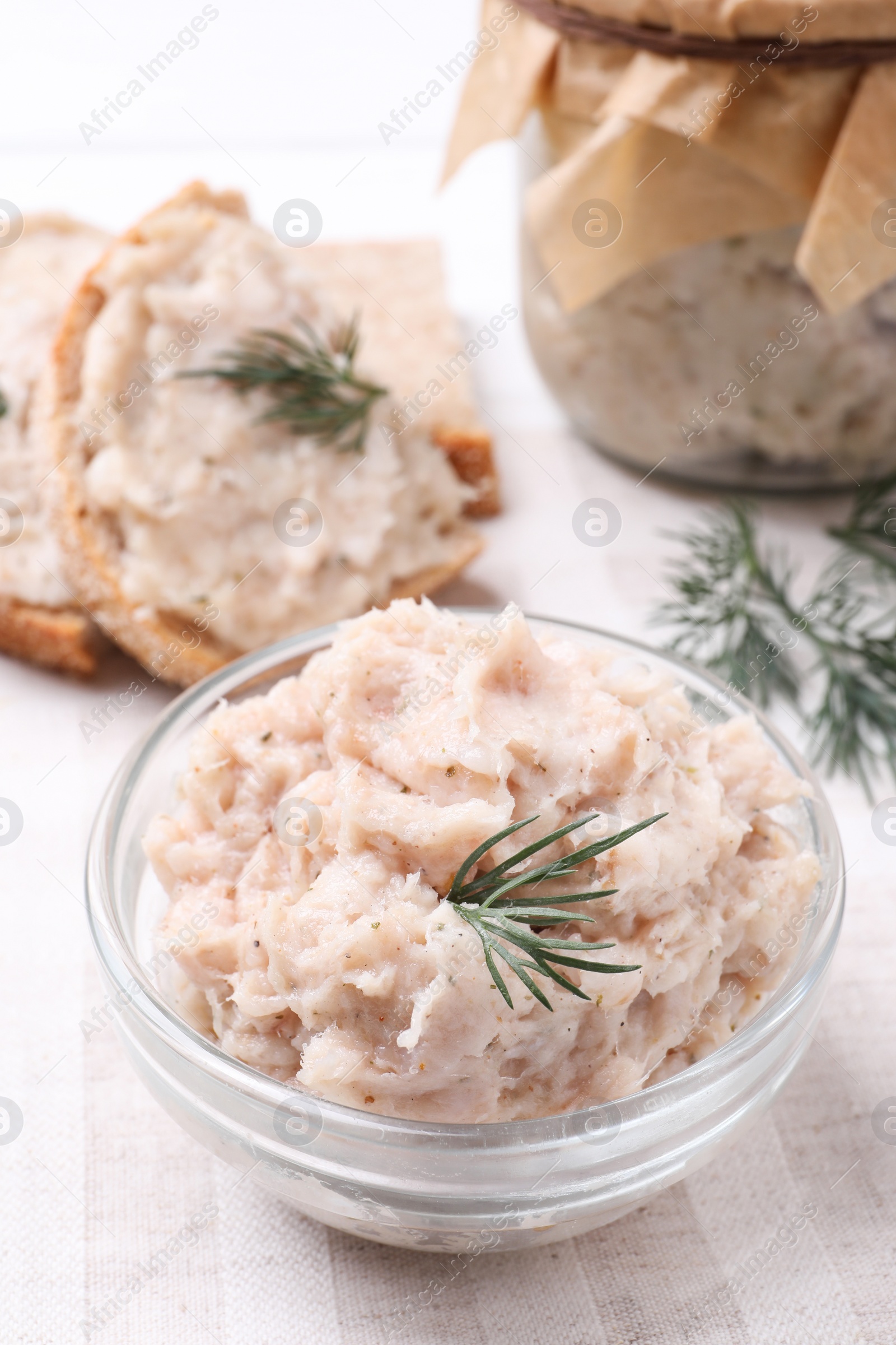 Photo of Delicious lard spread in bowl on table