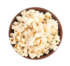 Photo of Bowl of tasty pop corn isolated on white, top view
