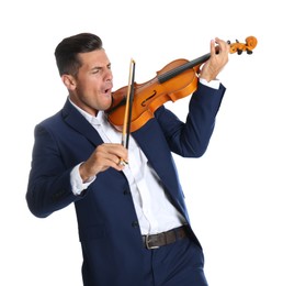 Emotional man playing violin on white background