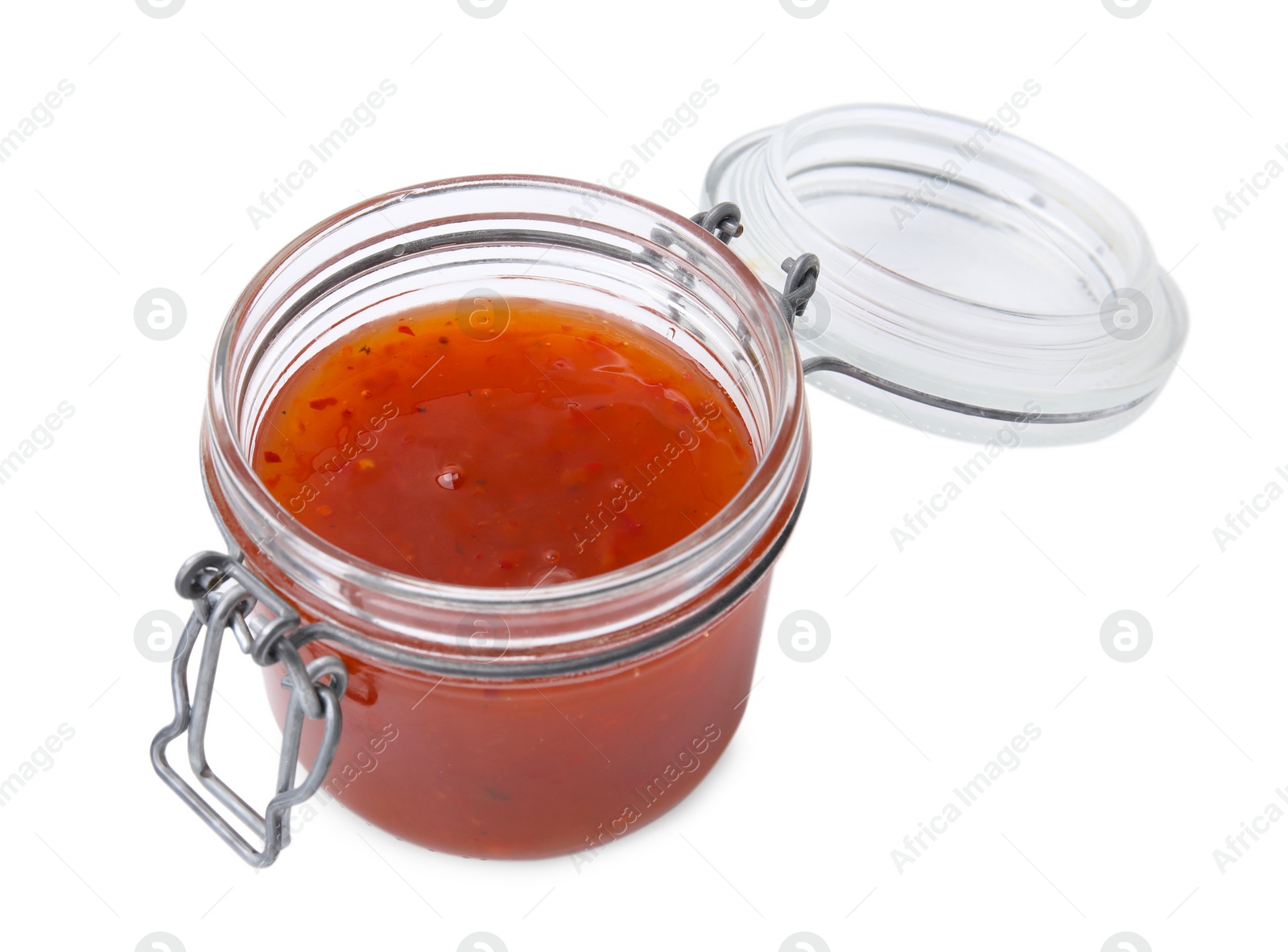 Photo of Fresh marinade in jar isolated on white