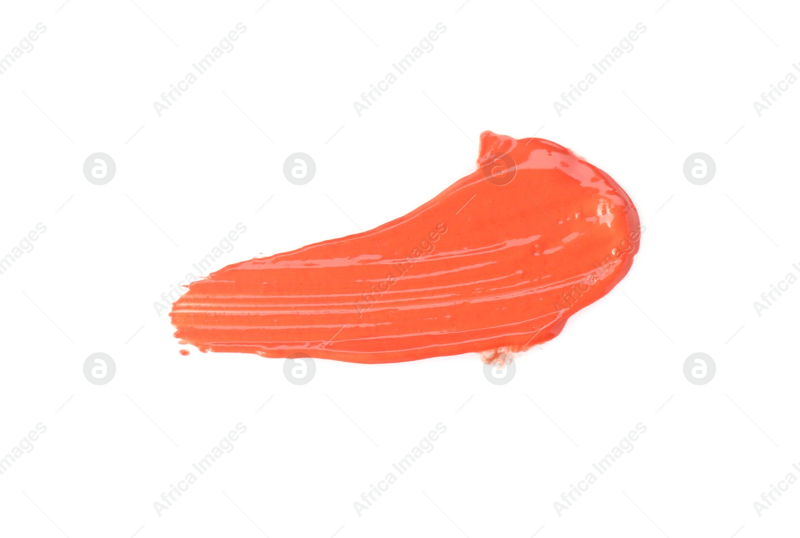 Photo of Stroke of coral lip gloss isolated on white, top view