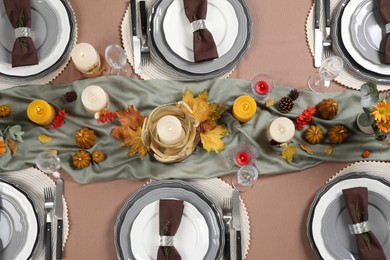 Photo of Table set with beautiful autumn decor for festive dinner, flat lay