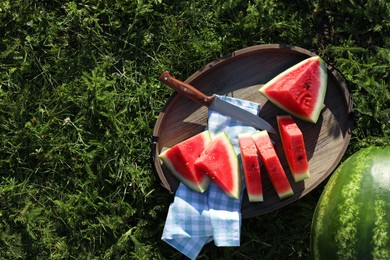 Photo of Tasty ripe watermelons on green grass outdoors, flat lay. Space for text