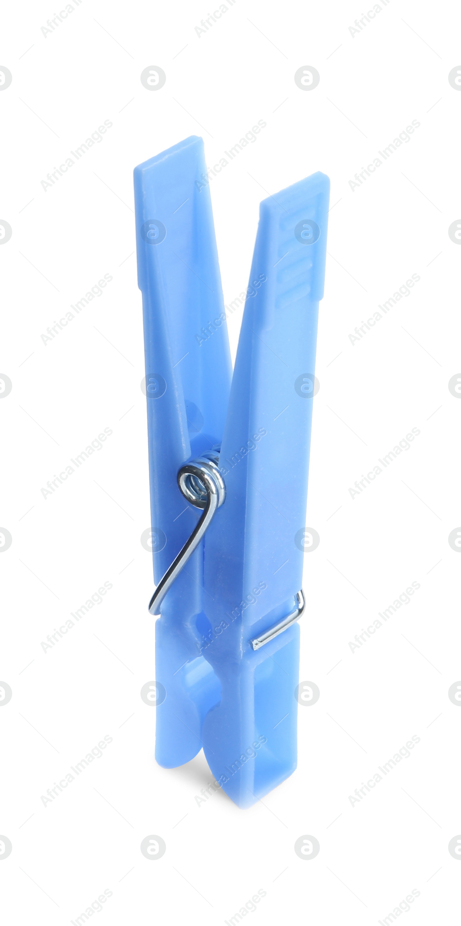 Photo of Bright light blue plastic clothespin isolated on white