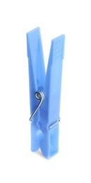 Photo of Bright light blue plastic clothespin isolated on white