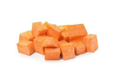 Photo of Heap of cut sweet potato isolated on white