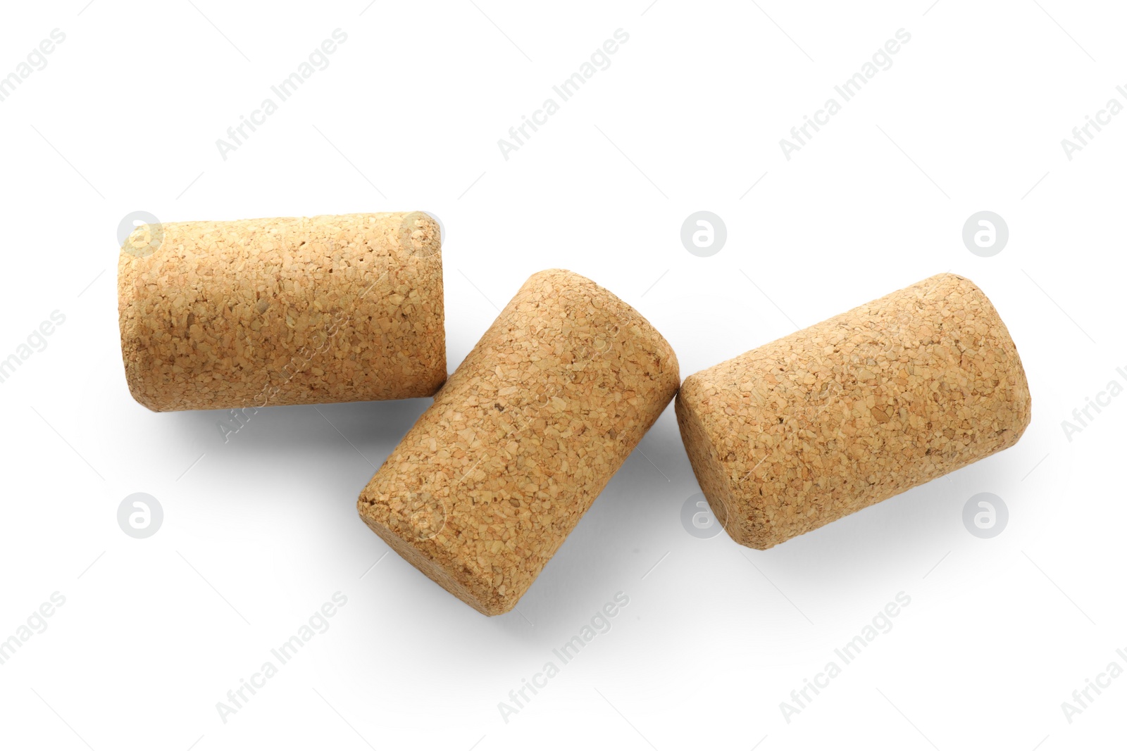 Photo of Wine corks on white background, top view. Bottle cap