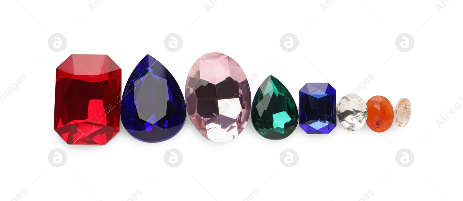 Photo of Different beautiful gemstones for jewelry isolated on white, top view