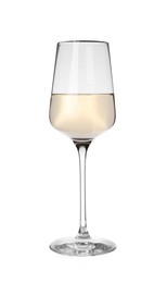 Photo of Glass of delicious expensive wine on white background