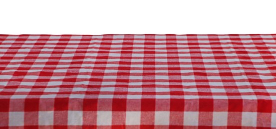 Table with checkered picnic cloth isolated on white