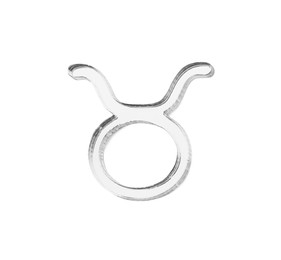 Photo of Zodiac sign. Silver Taurus symbol isolated on white, top view