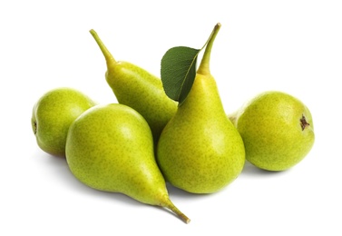 Whole ripe pears on white background