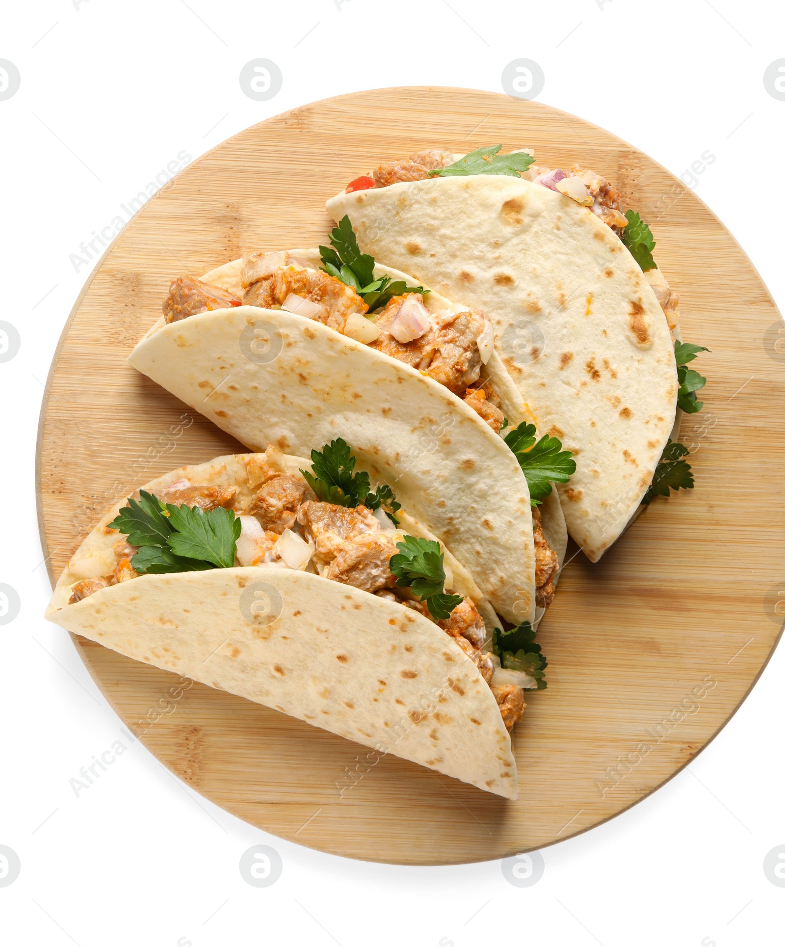 Photo of Delicious tacos with meat and parsley isolated on white, top view