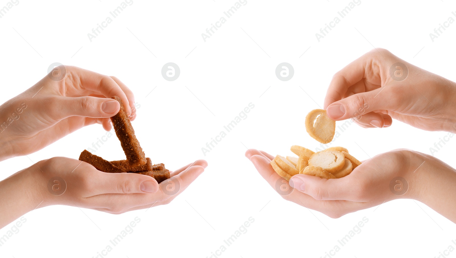 Image of Collage with photos of women holding delicious crispy rusks on white background, closeup